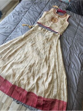 Boutique 9 Cream Lehenga with Pink Border and Gold Embroidery